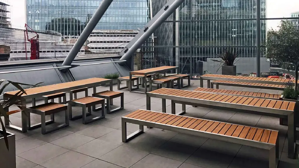 Banc d'extérieur SKOP en acier inoxydable et bois, photo 4